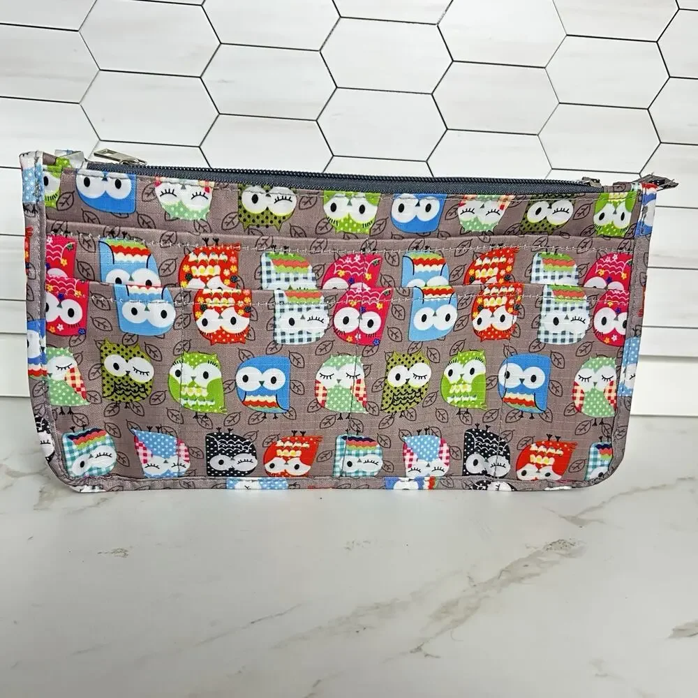 Owl Print Organizer Insert Bag Zipper Pockets Travel Craft Storage